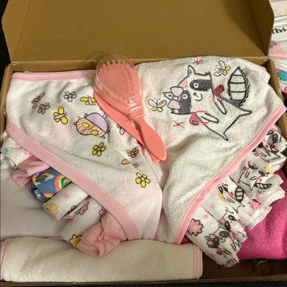 Baby Girl 2 Towel set with wash clothes burp cloth brush set